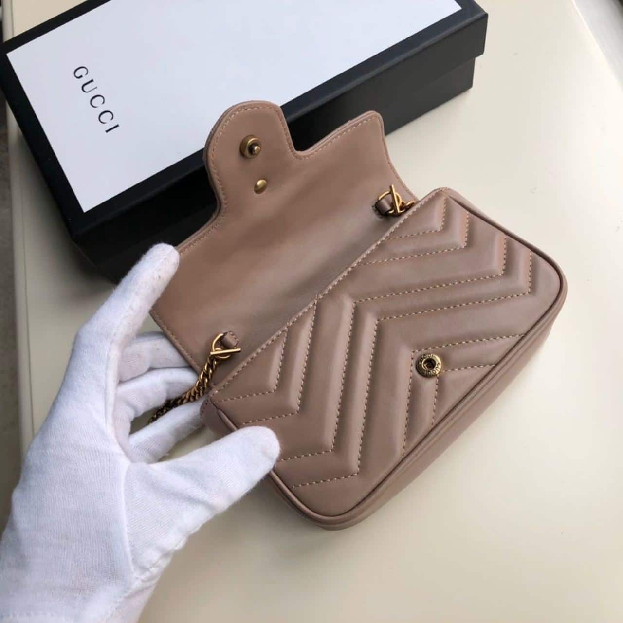 1:1 Replica Gucci Marmont Matelassé Super Mini Bag Beige Matelassé Chevron For Women 6.2in/16.5cm GG - Image 6
