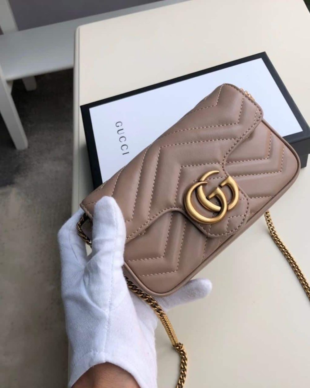 1:1 Replica Gucci Marmont Matelassé Super Mini Bag Beige Matelassé Chevron For Women 6.2in/16.5cm GG