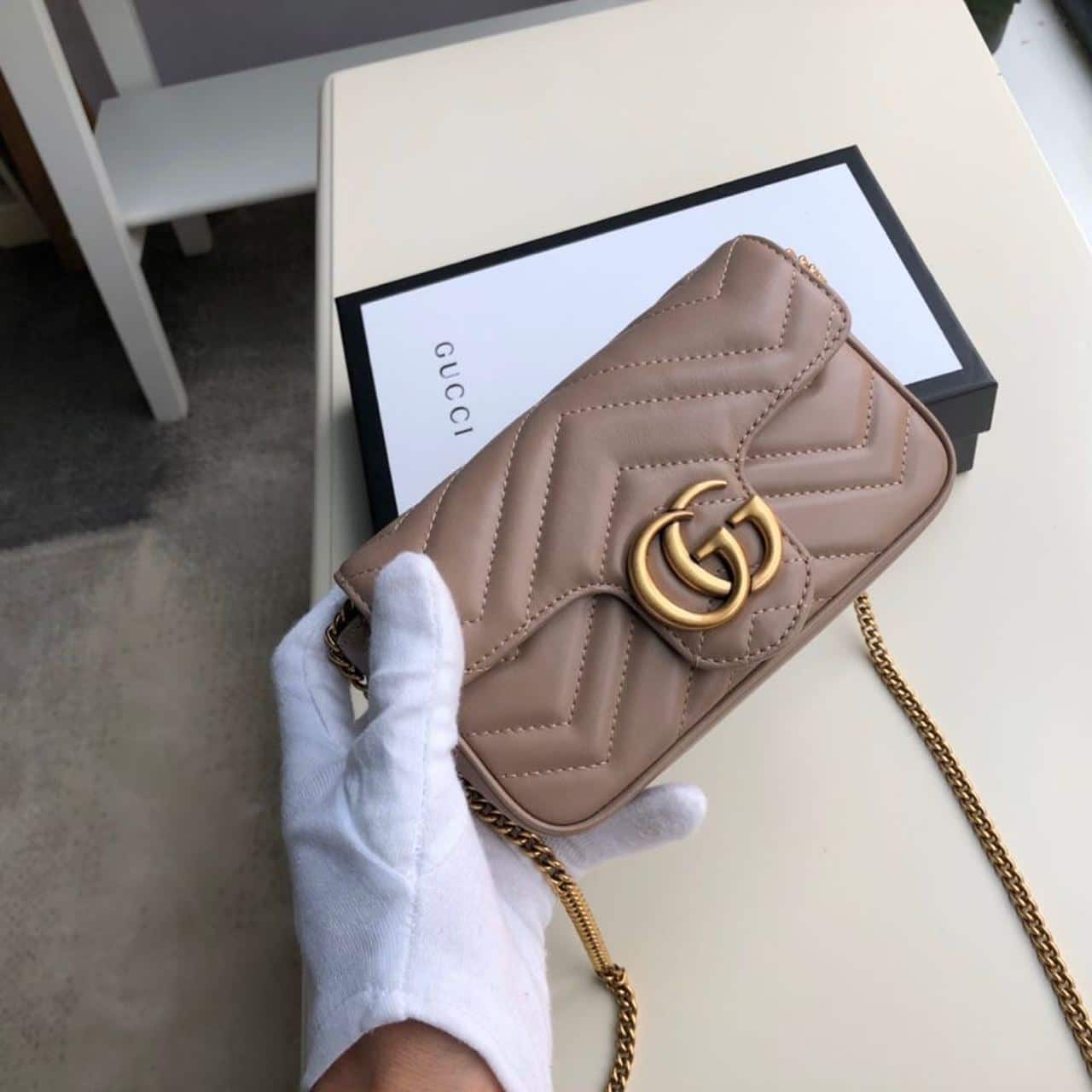 1:1 Replica Gucci Marmont Matelassé Super Mini Bag Beige Matelassé Chevron For Women 6.2in/16.5cm GG - Image 5