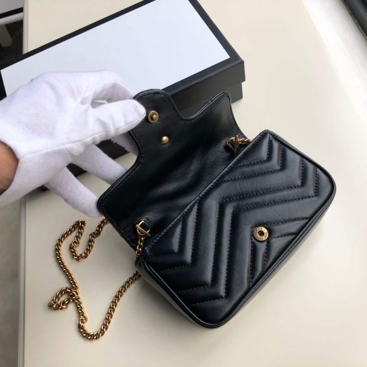 1:1 Replica Gucci Marmont Matelassé Super Mini Bag Dusty Black Chevron For Women 6.2in/16.5cm 476433 DTDCT 1000 - Image 6