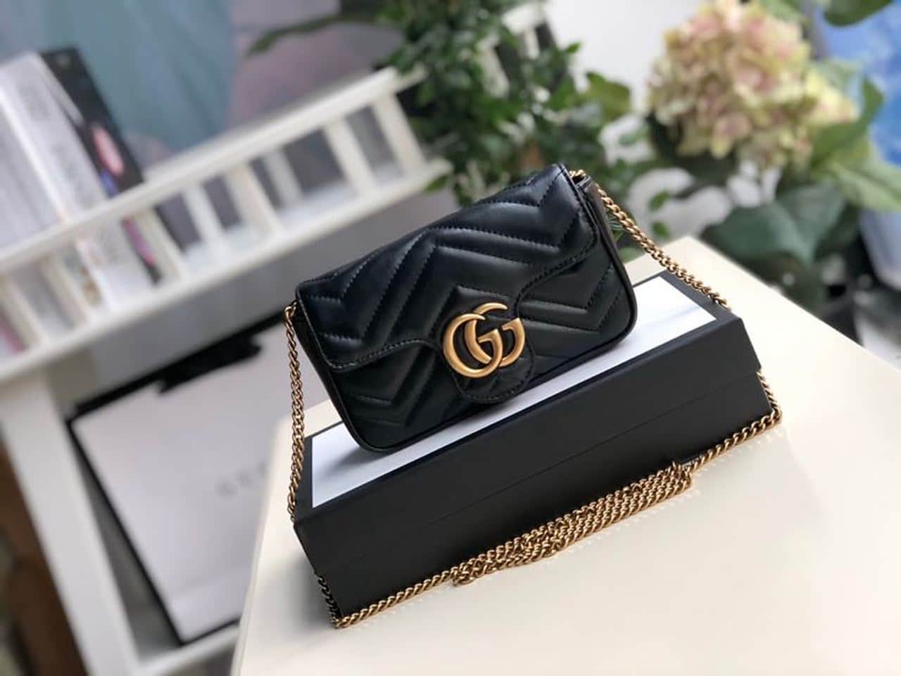1:1 Replica Gucci Marmont Matelassé Super Mini Bag Dusty Black Chevron For Women 6.2in/16.5cm 476433 DTDCT 1000 - Image 2