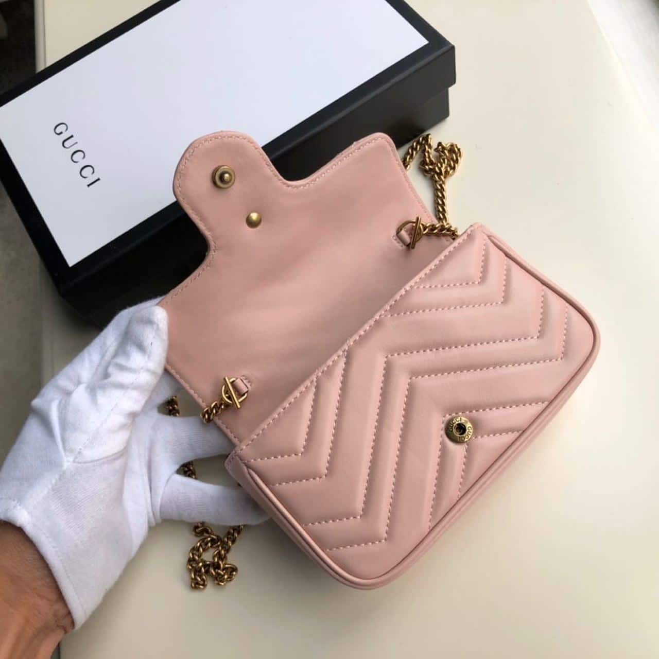 1:1 Replica Gucci Marmont Matelassé Super Mini Bag Dusty Pink Chevron For Women 6.2in/16.5cm GG 476433 DTDCT 5729 - Image 6