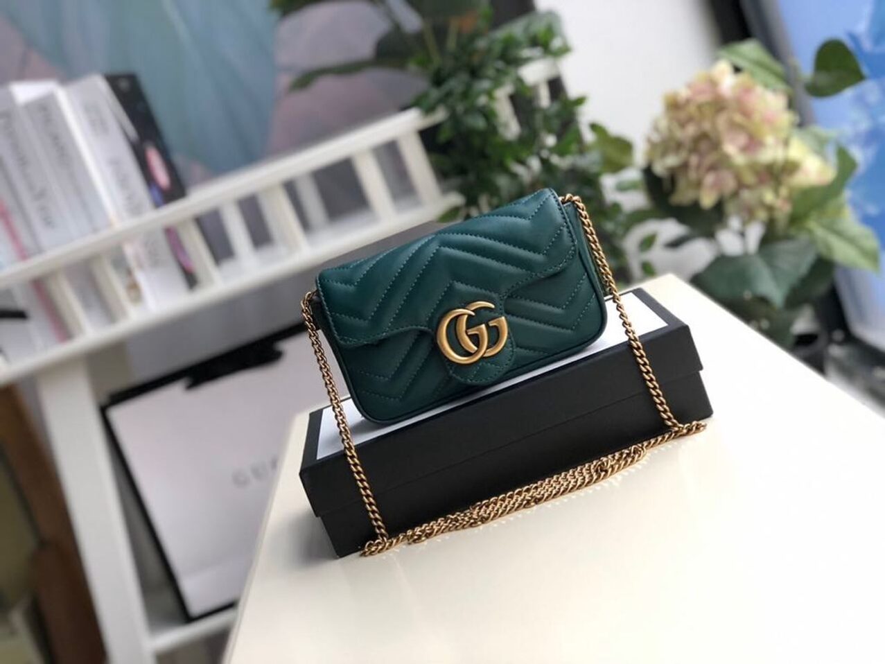 1:1 Replica Gucci Marmont Matelassé Super Mini Bag Green Matelassé Chevron For Women 6.2in/16.5cm GG
