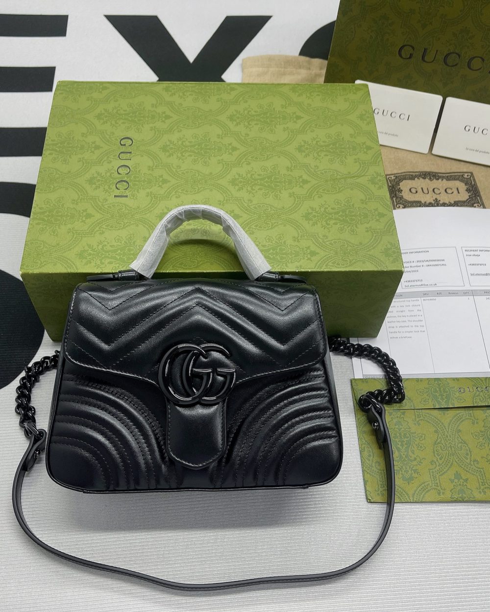 1:1 Replica Gucci Marmont Mini Top Handle Bag Black For Women, Women's Bags 8.3in/21cm GG 