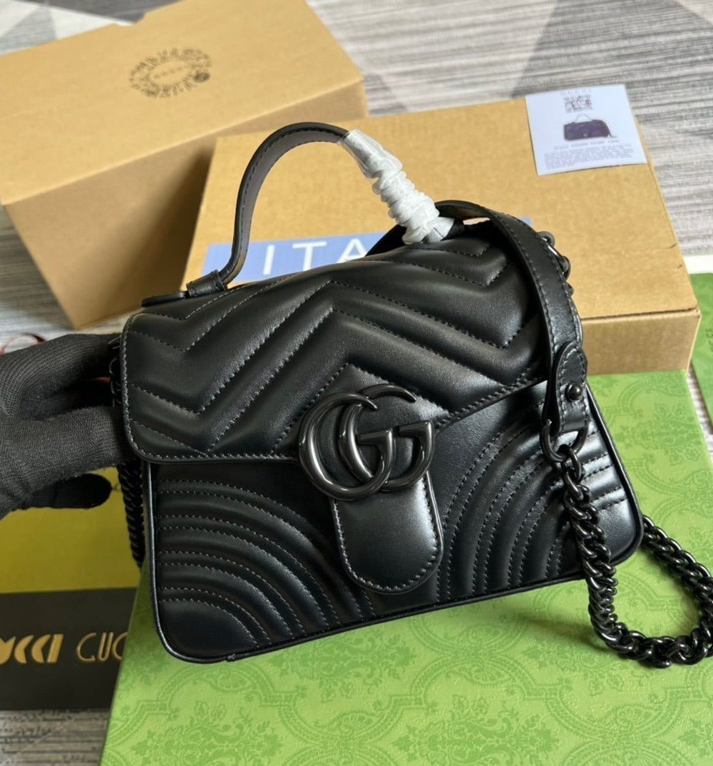 1:1 Replica Gucci Marmont Mini Top Handle Bag Black For Women, Women's Bags 8.3in/21cm GG 