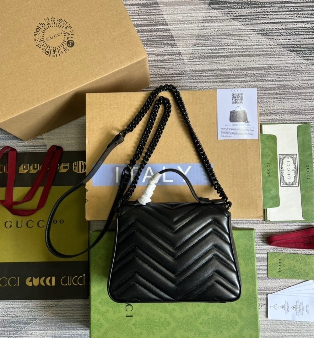 1:1 Replica Gucci Marmont Mini Top Handle Bag Black For Women, Women's Bags 8.3in/21cm GG 