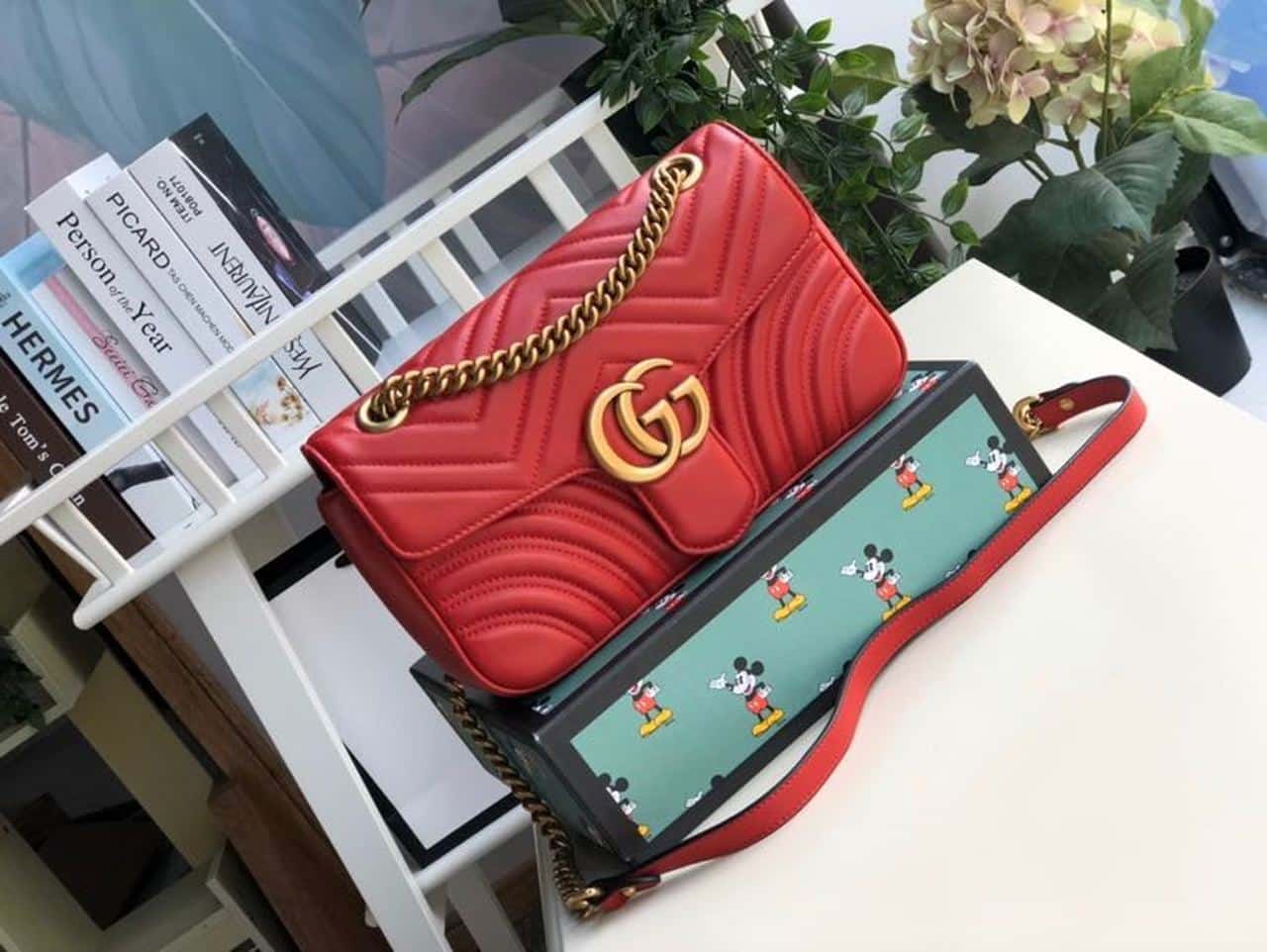 1:1 Replica Gucci Marmont Small Matelassé Shoulder Bag Hibiscus Red Matelassé Chevron For Women 10in/26cm GG 443497 DTDIT 6433