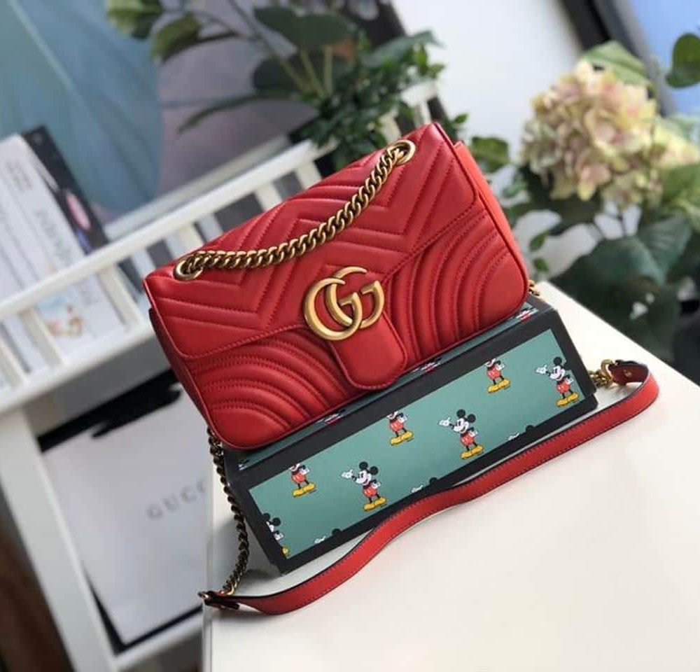1:1 Replica Gucci Marmont Small Matelassé Shoulder Bag Hibiscus Red Matelassé Chevron For Women 10in/26cm GG 443497 DTDIT 6433