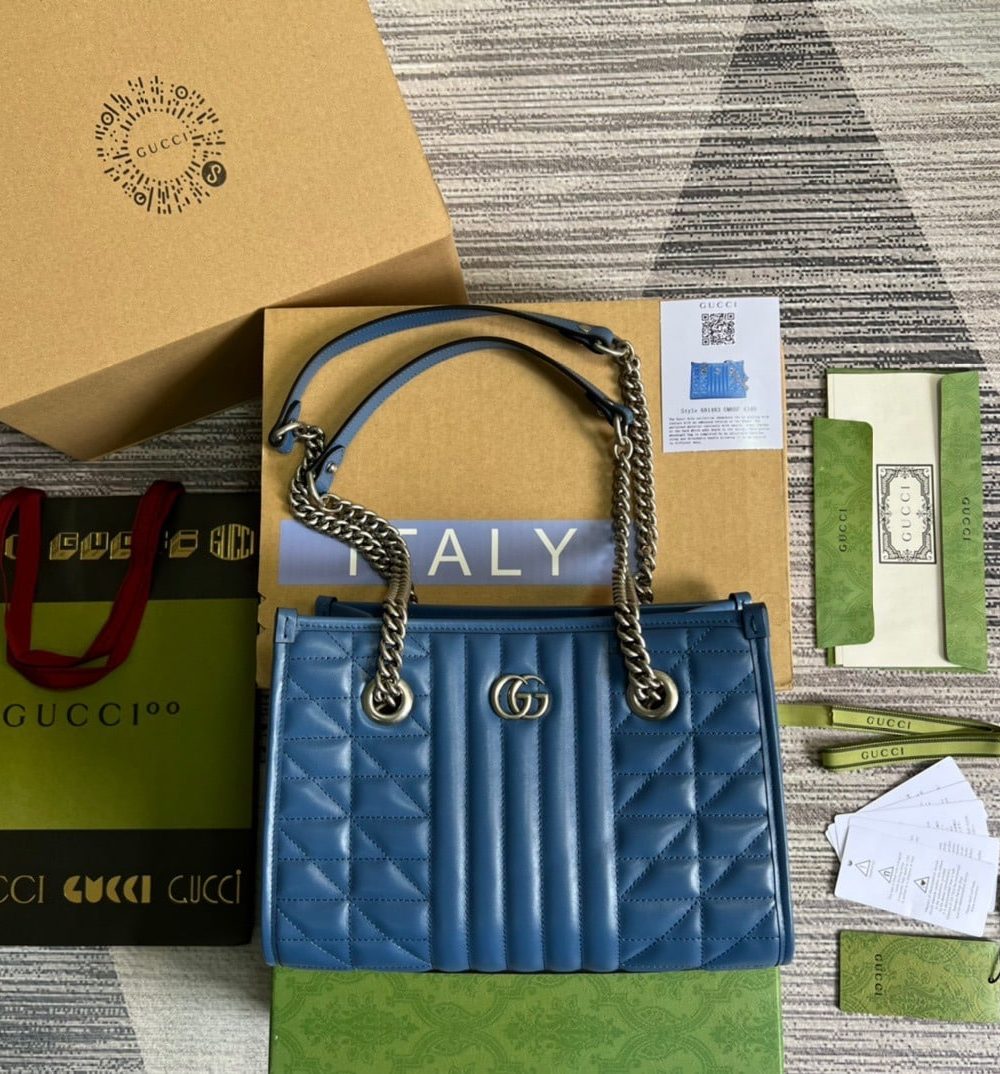 1:1 Replica Gucci Marmont Small Matelasse Tote Blue For Women, Women's Bags 26.5 in/10.4cm GG 675796 UM8BF 4340