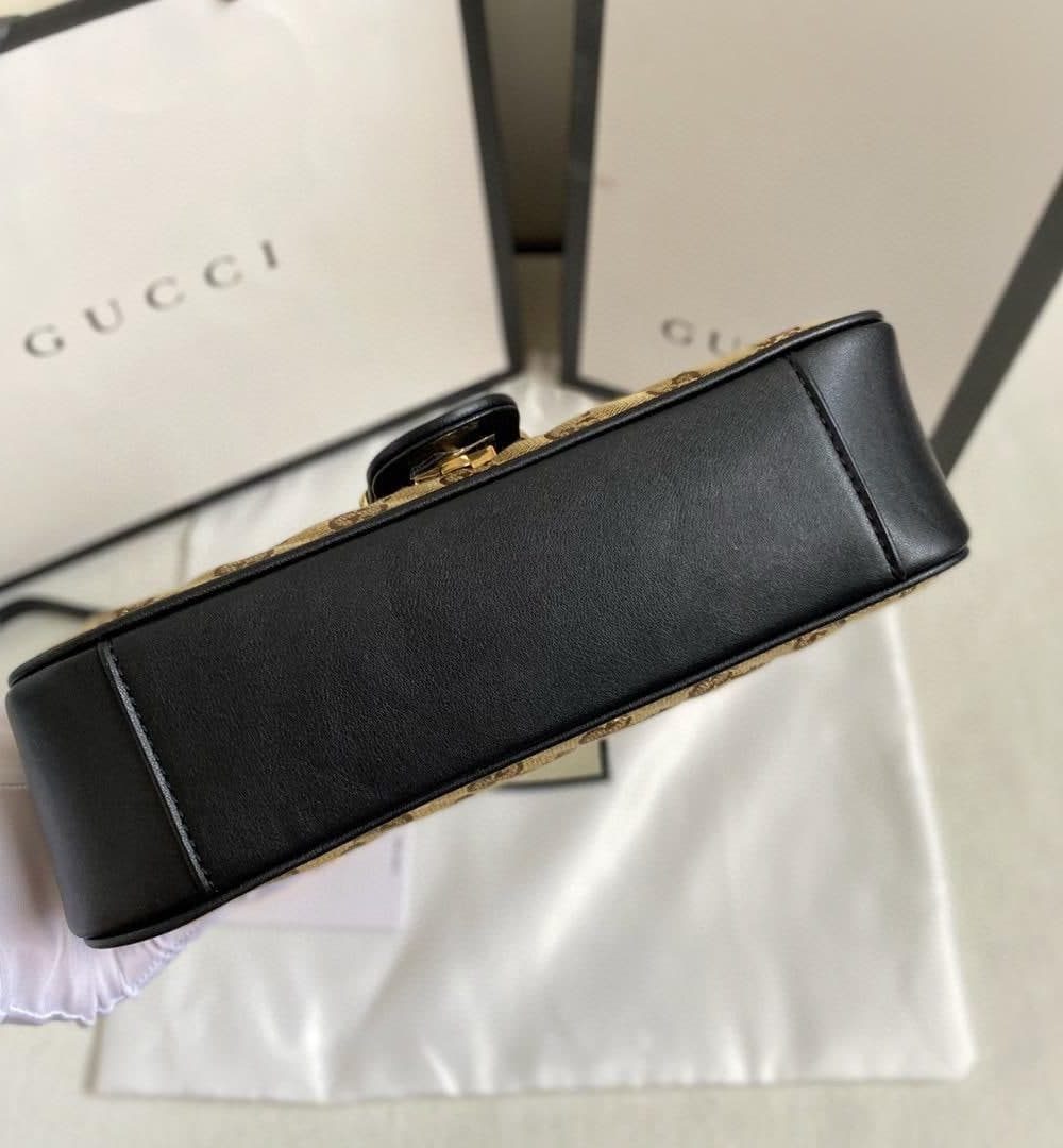 1:1 Replica Gucci Marmont Small Shoulder Bag Beige/Ebony Diagonal Matelassé Original GG Canvas For Women 10in/26cm 443497 HVKEG 9772