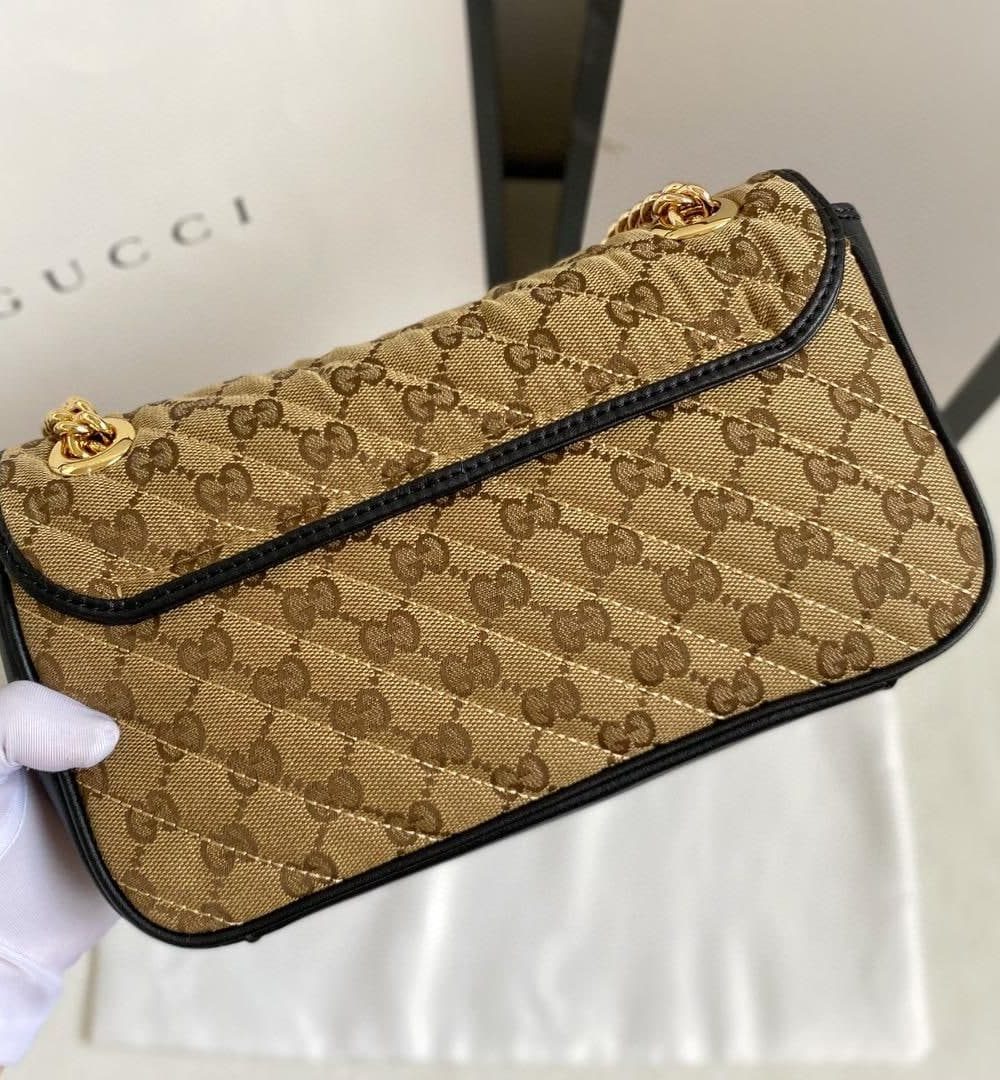 1:1 Replica Gucci Marmont Small Shoulder Bag Beige/Ebony Diagonal Matelassé Original GG Canvas For Women 10in/26cm 443497 HVKEG 9772