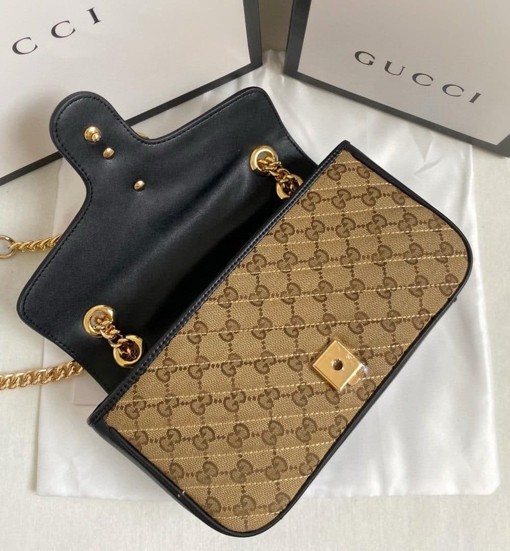 1:1 Replica Gucci Marmont Small Shoulder Bag Beige/Ebony Diagonal Matelassé Original GG Canvas For Women 10in/26cm 443497 HVKEG 9772