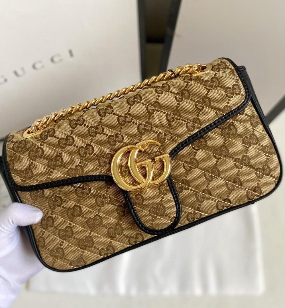 1:1 Replica Gucci Marmont Small Shoulder Bag Beige/Ebony Diagonal Matelassé Original GG Canvas For Women 10in/26cm 443497 HVKEG 9772