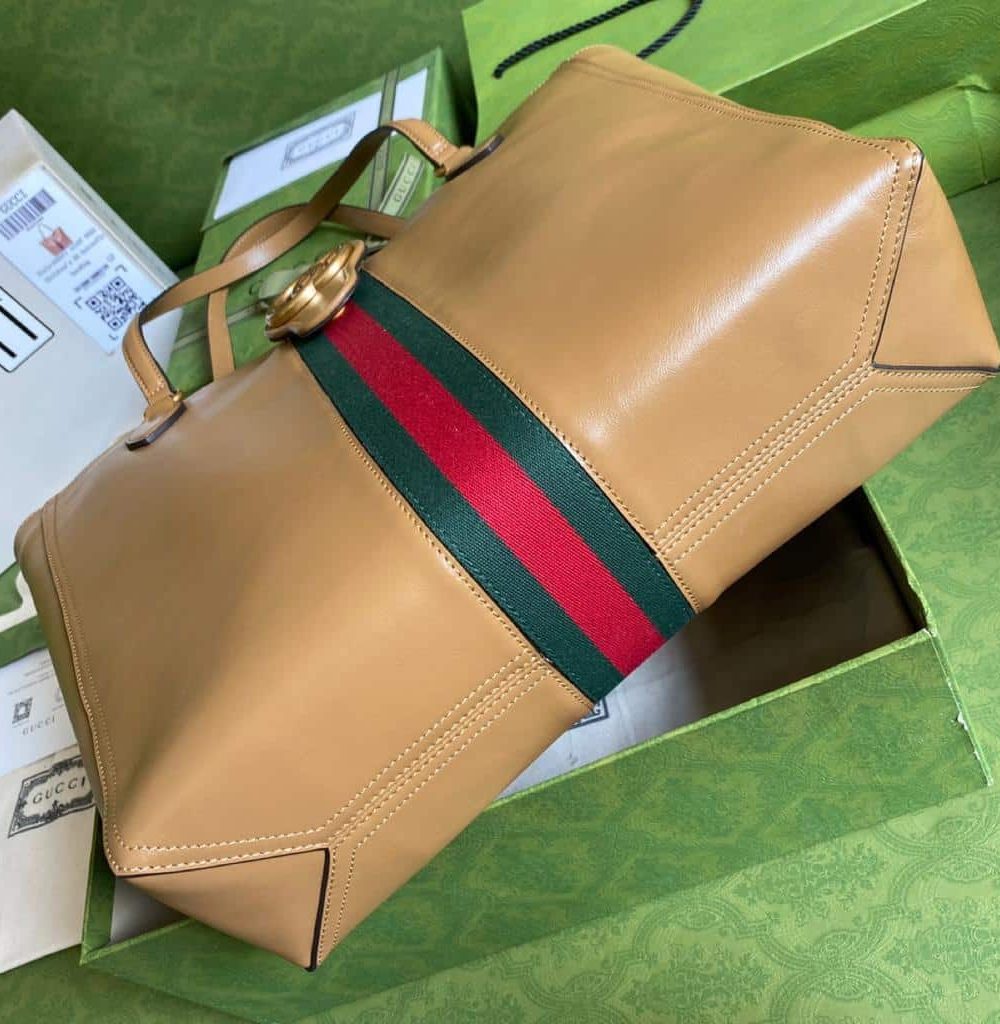 1:1 Replica Gucci Medium Tote Bag With Double G And Web Brown For Women 13.8in/35cm GG