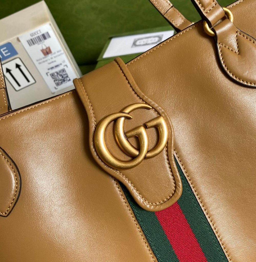 1:1 Replica Gucci Medium Tote Bag With Double G And Web Brown For Women 13.8in/35cm GG