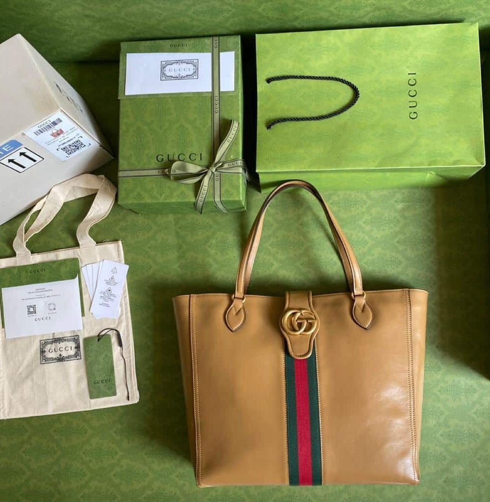 1:1 Replica Gucci Medium Tote Bag With Double G And Web Brown For Women 13.8in/35cm GG