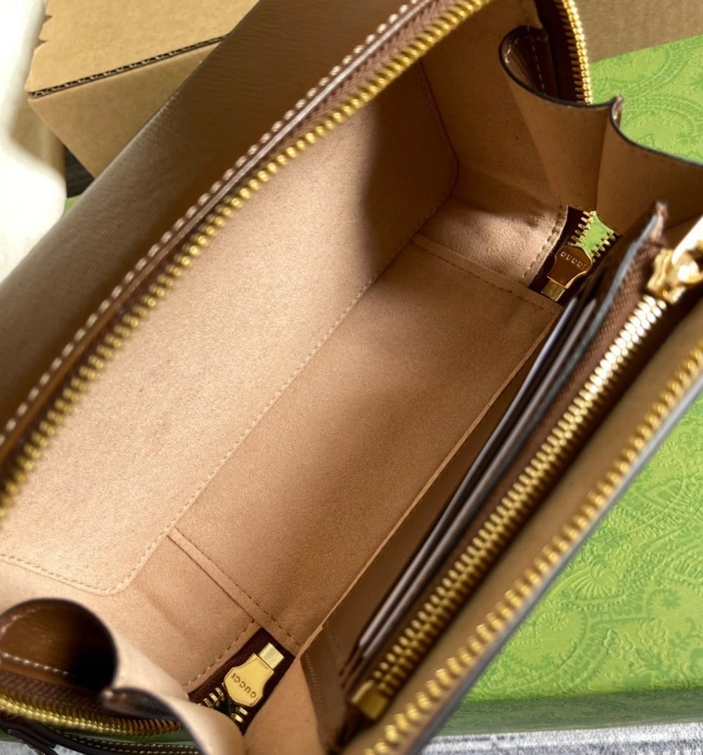 1:1 Replica Gucci Mini Bag With Interlocking G Beige And Ebony GG Supreme Canvas And Brown For Women 9in/23cm GG