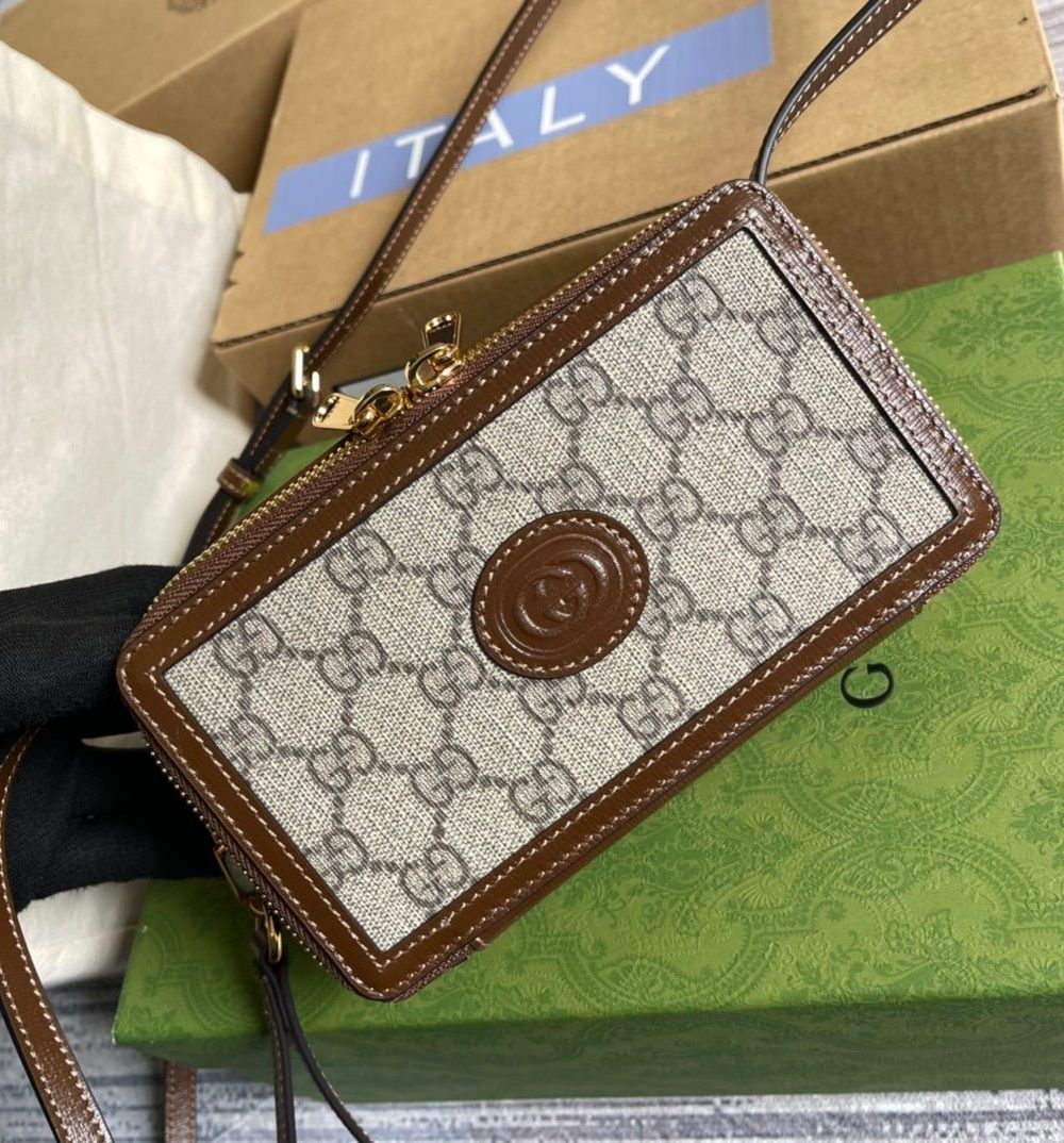 1:1 Replica Gucci Mini Bag With Interlocking G Beige And Ebony GG Supreme Canvas And Brown For Women 9in/23cm GG