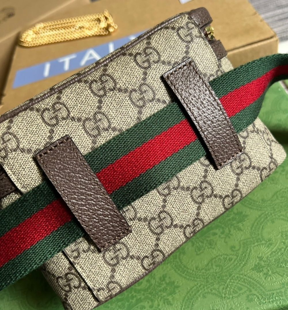 1:1 Replica Gucci Ophidia Belt Bag With Web Beige/Ebony Soft GG Supreme Canvas  For Men 7.1in/18cm GG 699765 96IWG 8745