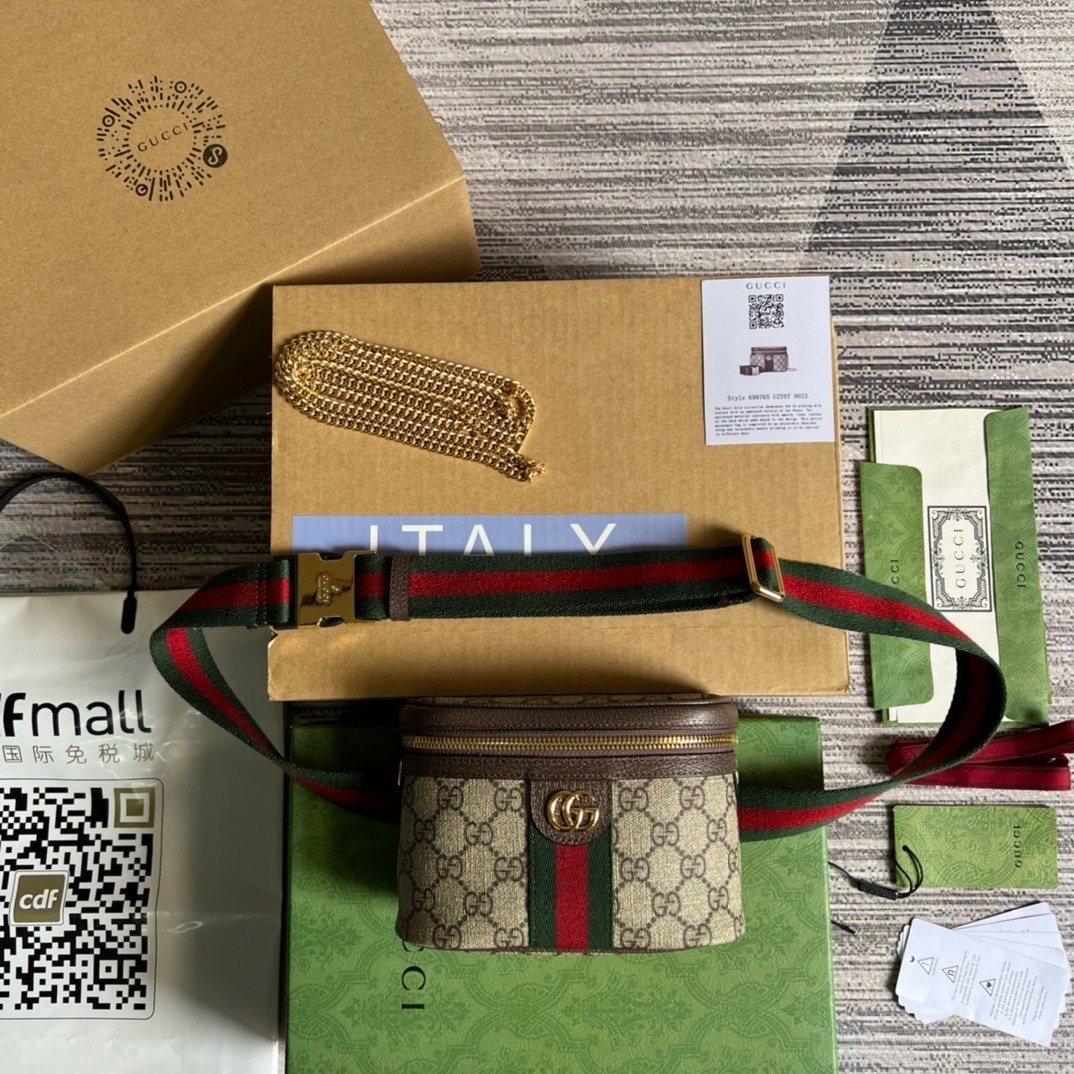 1:1 Replica Gucci Ophidia Belt Bag With Web Beige/Ebony Soft GG Supreme Canvas For Men 7.1in/18cm GG 699765 96IWG 8745 - Image 8