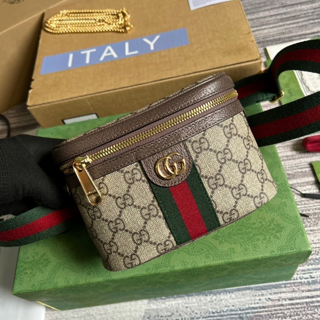 1:1 Replica Gucci Ophidia Belt Bag With Web Beige/Ebony Soft GG Supreme Canvas For Men 7.1in/18cm GG 699765 96IWG 8745
