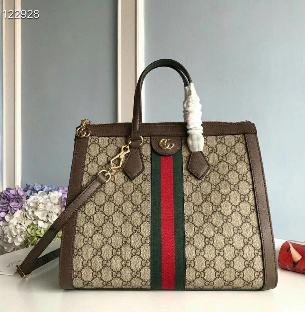 1:1 Replica Gucci Ophidia GG Medium Tote Bag Beige/Ebony GG Supreme Canvas With Brown For Women 13in/33cm GG 524537 K05NB 8745