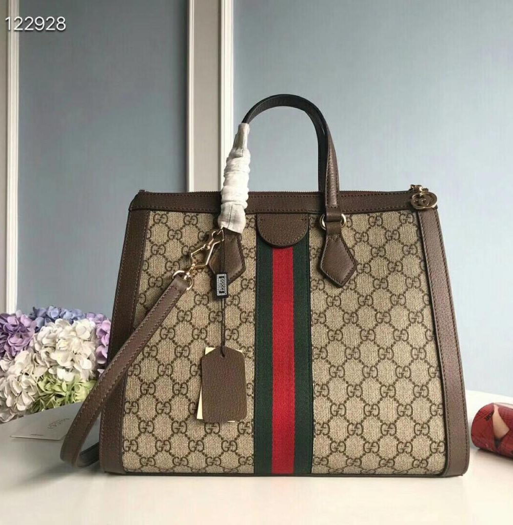 1:1 Replica Gucci Ophidia GG Medium Tote Bag Beige/Ebony GG Supreme Canvas With Brown For Women 13in/33cm GG 524537 K05NB 8745