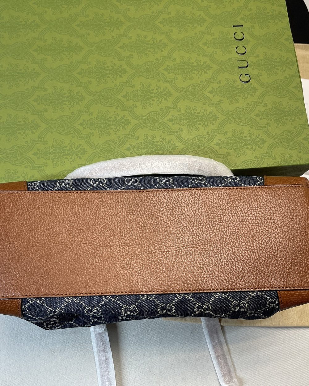 1:1 Replica Gucci Ophidia GG Medium Tote Dark Blue And Ivory Eco Washed Organic GG Jacquard Denim For Women 15in/38cm GG 631685 2KQGG 8375