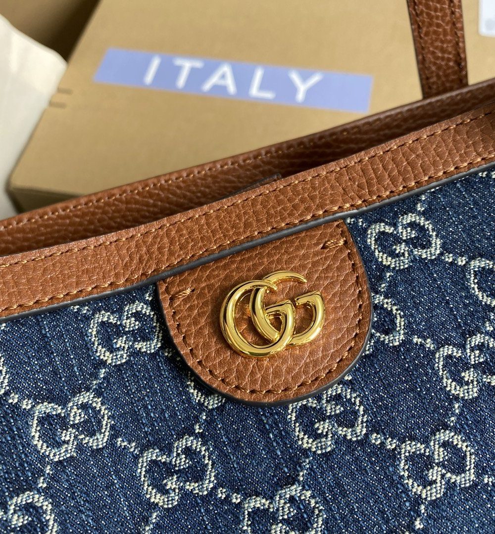 1:1 Replica Gucci Ophidia GG Medium Tote Dark Blue And Ivory Eco Washed Organic GG Jacquard Denim For Women 15in/38cm GG 631685 2KQGG 8375