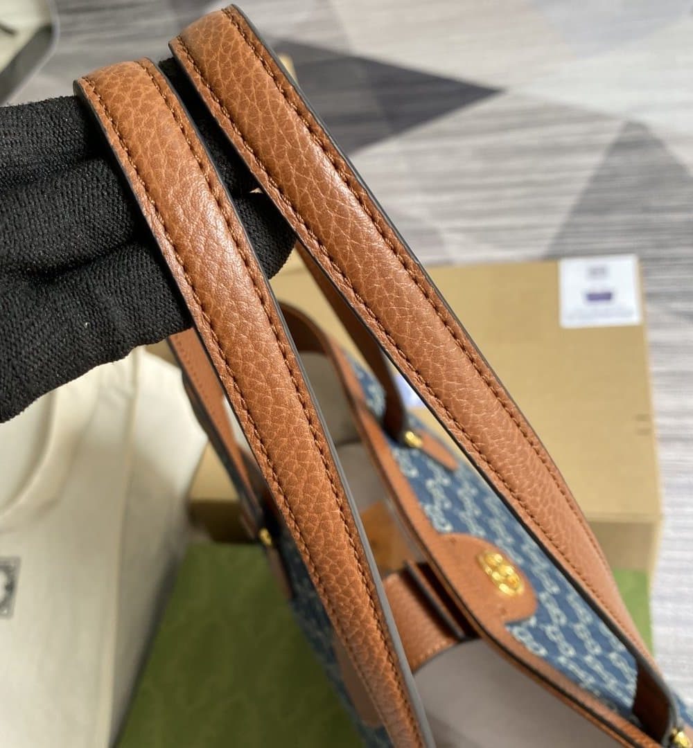 1:1 Replica Gucci Ophidia GG Medium Tote Dark Blue And Ivory Eco Washed Organic GG Jacquard Denim For Women 15in/38cm GG 631685 2KQGG 8375