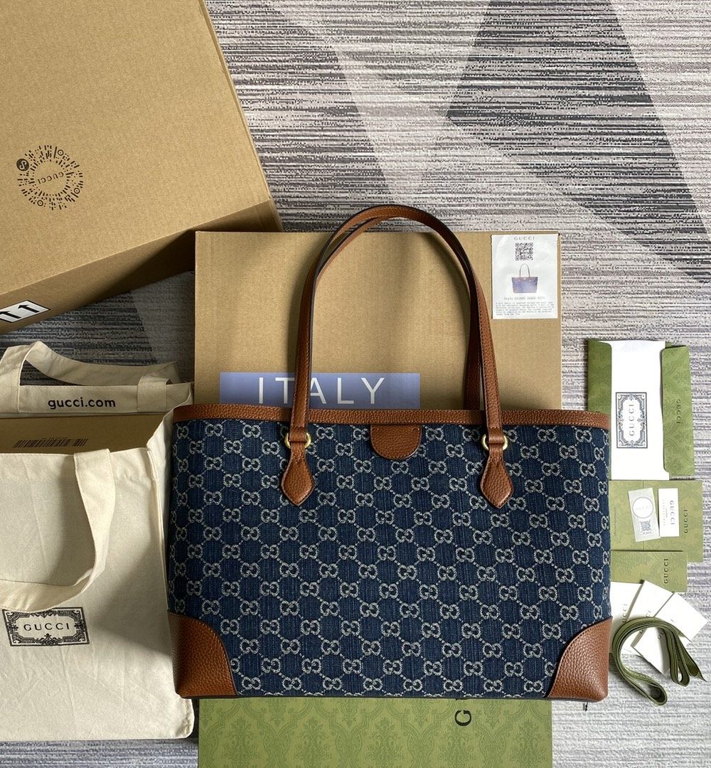1:1 Replica Gucci Ophidia GG Medium Tote Dark Blue And Ivory Eco Washed Organic GG Jacquard Denim For Women 15in/38cm GG 631685 2KQGG 8375