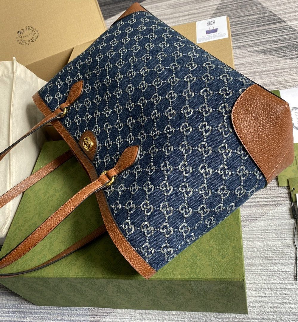 1:1 Replica Gucci Ophidia GG Medium Tote Dark Blue And Ivory Eco Washed Organic GG Jacquard Denim For Women 15in/38cm GG 631685 2KQGG 8375