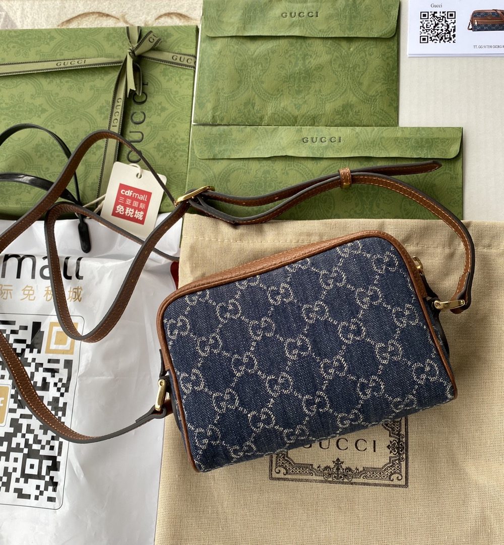 1:1 Replica Gucci Ophidia GG Mini Bag Dark Blue And Ivory Eco Washed Organic GG Jacquard Denim For Women 7in/17.5cm GG 517350 2KQGG 8375