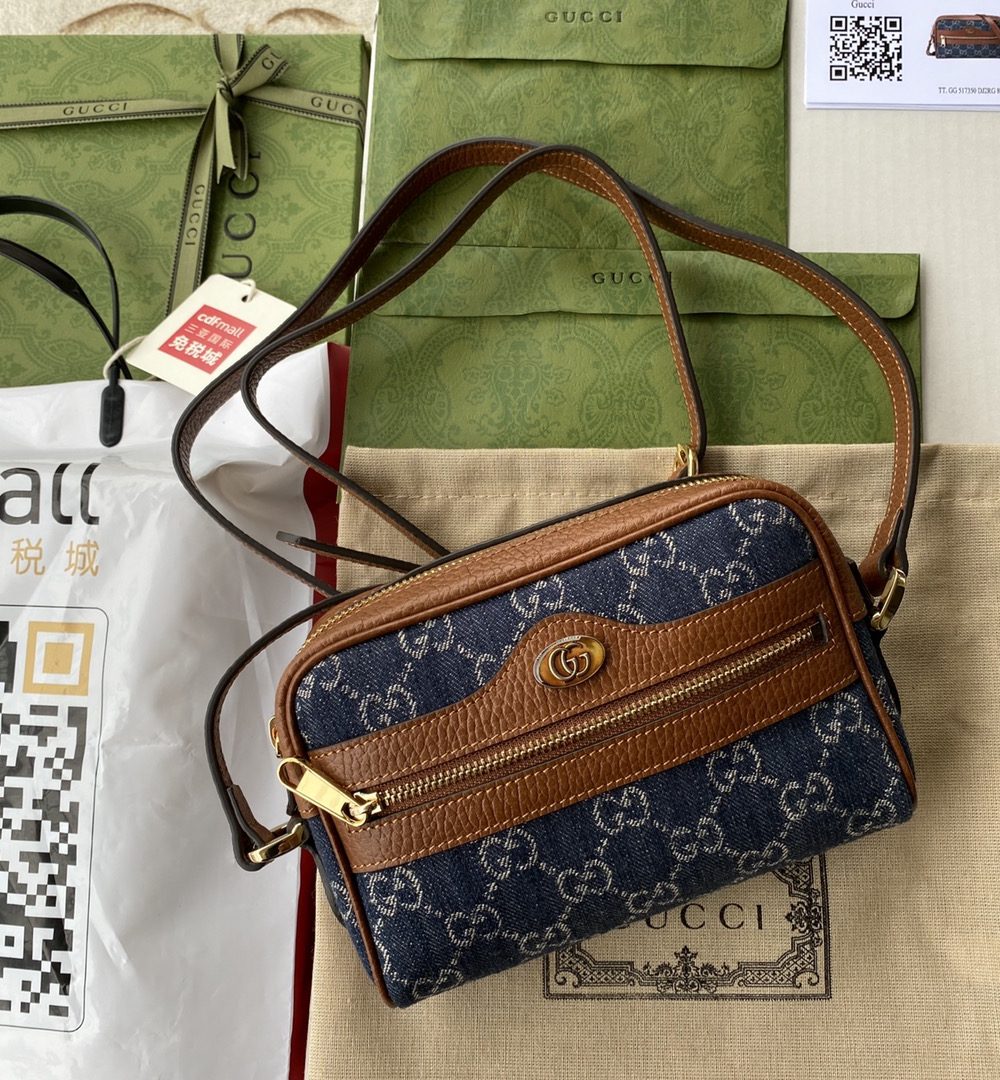 1:1 Replica Gucci Ophidia GG Mini Bag Dark Blue And Ivory Eco Washed Organic GG Jacquard Denim For Women 7in/17.5cm GG 517350 2KQGG 8375