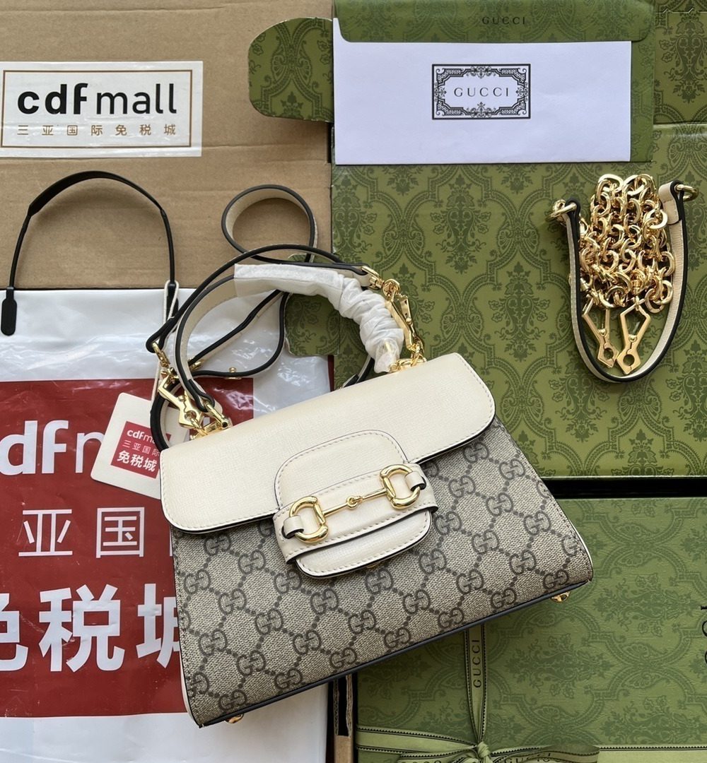 1:1 Replica Gucci Ophidia Gucci Horsebit 1955 Mini Bag White And Beige For Women, Women's Bags 8.6in/22cm GG