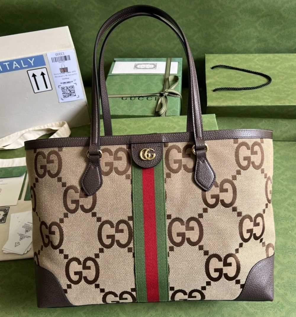 1:1 Replica Gucci Ophidia Jumbo GG Medium Tote Camel And Ebony Jumbo Canvas For Women 15in/38cm 631685 UKMDG 2570