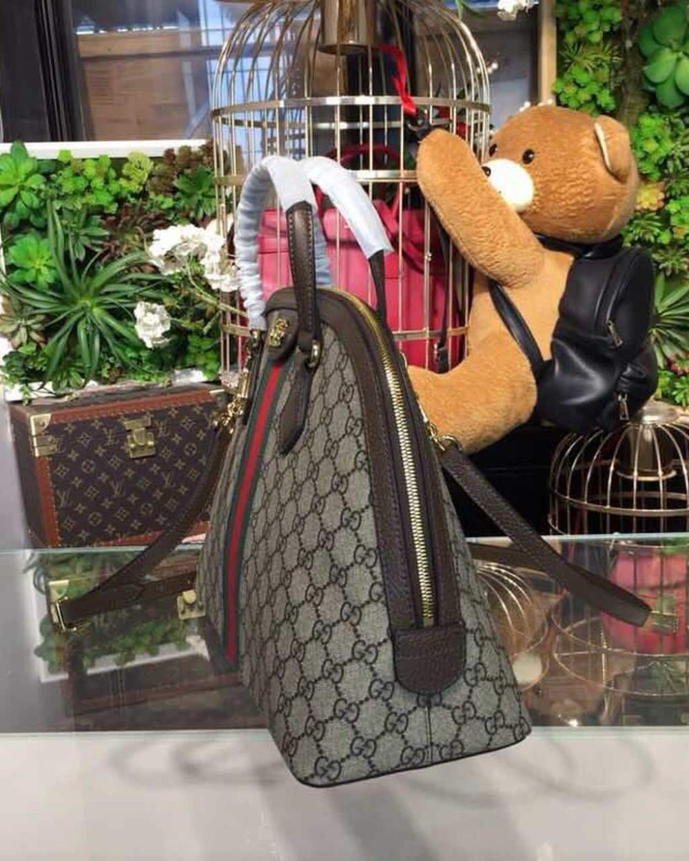 1:1 Replica Gucci Ophidia Medium Shoulder Bag Beige/Ebony GG Supreme Canvas For Women 13in/34cm 524533