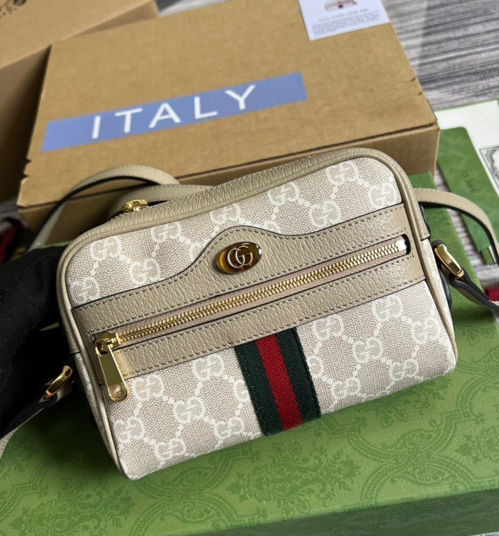 1:1 Replica Gucci Ophidia Mini GG Bag Beige And Ebony GG Supreme Canvas, With Beige For Women  7in/17.5cm GG