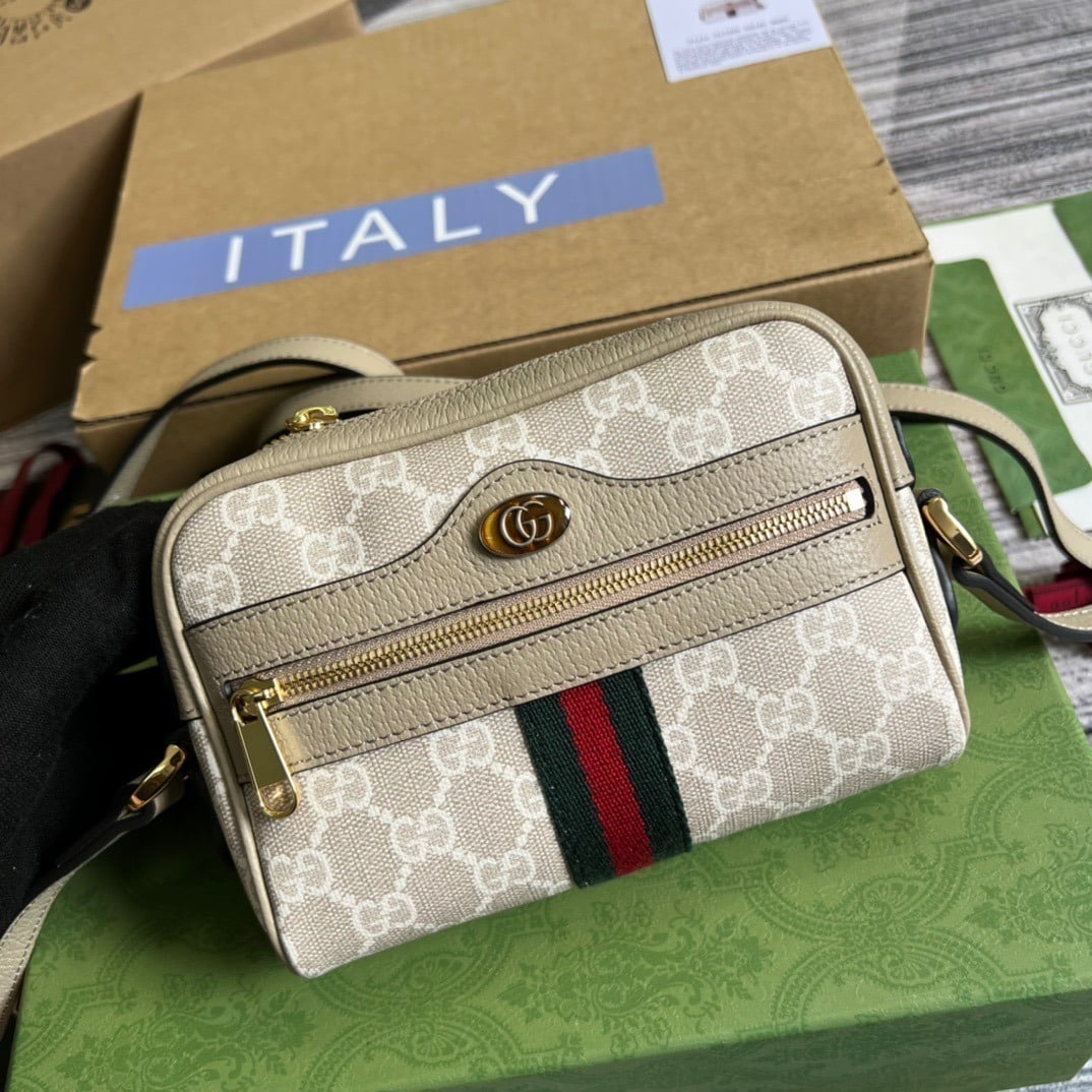 1:1 Replica Gucci Ophidia Mini GG Bag Beige And Ebony GG Supreme Canvas, With Beige For Women 7in/17.5cm GG