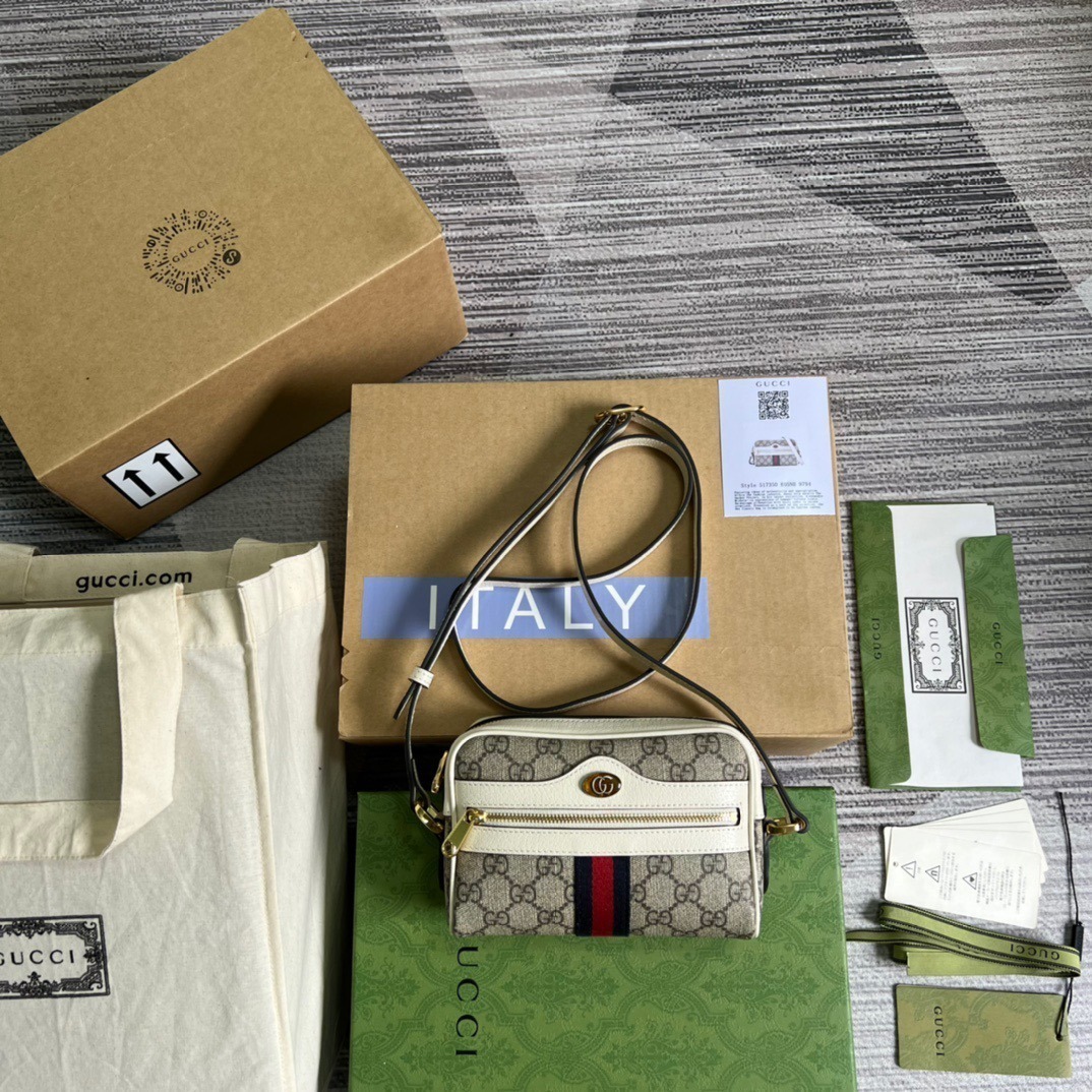 1:1 Replica Gucci Ophidia Mini GG Bag Beige And Ebony GG Supreme Canvas, With White For Women 7in/17.5cm GG 517350 96IWS 9794 - Image 9