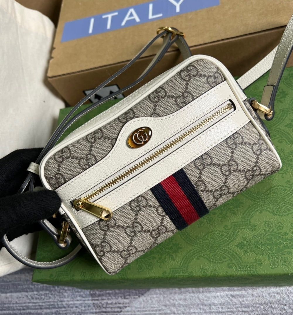 1:1 Replica Gucci Ophidia Mini GG Bag Beige And Ebony GG Supreme Canvas, With White For Women  7in/17.5cm GG 517350 96IWS 9794