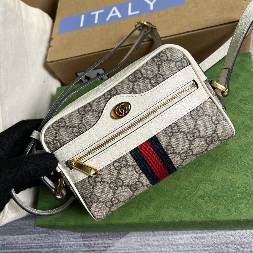 1:1 Replica Gucci Ophidia Mini GG Bag Beige And Ebony GG Supreme Canvas, With White For Women 7in/17.5cm GG 517350 96IWS 9794