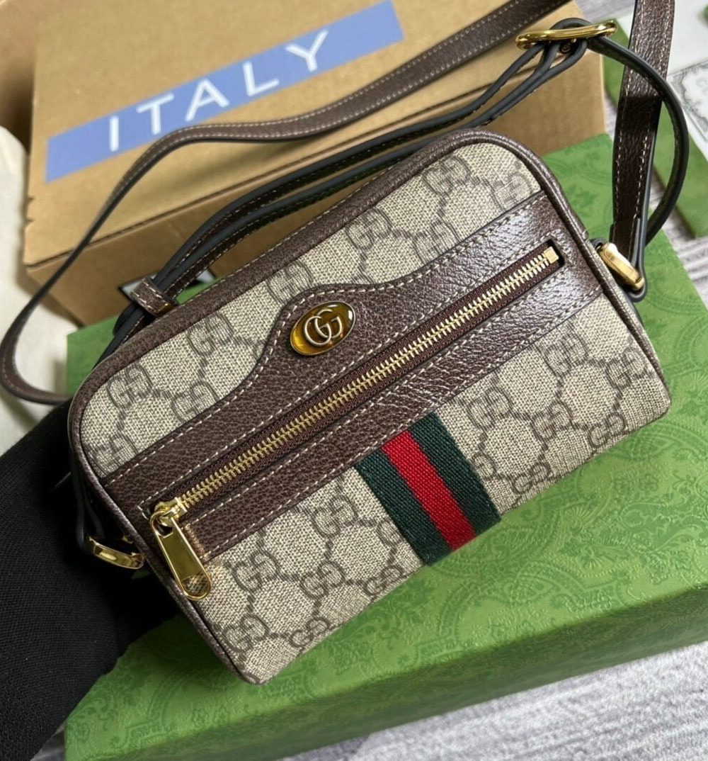1:1 Replica Gucci Ophidia Mini GG Bag Beige/Ebony GG Supreme Canvas With Brown For Women  7in/17.5cm GG 517350 96IWS 8745