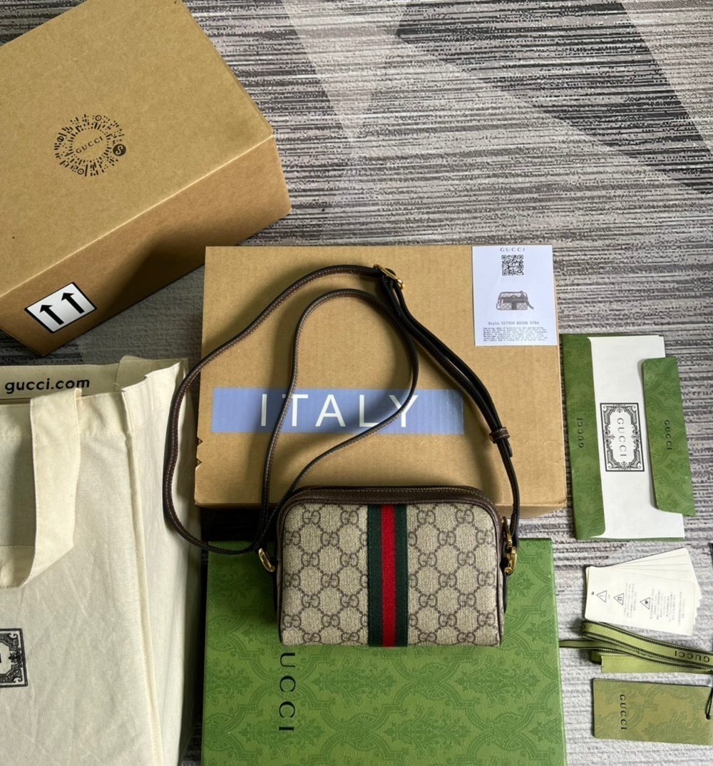 1:1 Replica Gucci Ophidia Mini GG Bag Beige/Ebony GG Supreme Canvas With Brown For Women  7in/17.5cm GG 517350 96IWS 8745