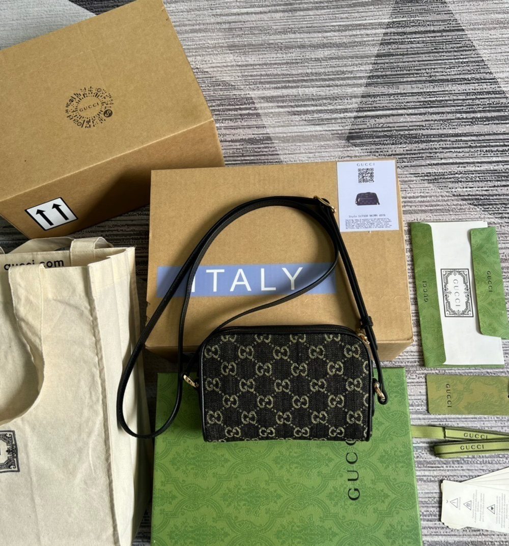 1:1 Replica Gucci Ophidia Mini GG Bag Black And Ivory GG Denim Jacquard For Women  7in/17.5cm GG 517350 UN3BG 1274