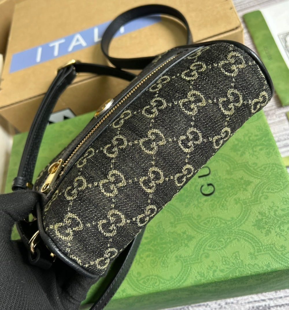 1:1 Replica Gucci Ophidia Mini GG Bag Black And Ivory GG Denim Jacquard For Women  7in/17.5cm GG 517350 UN3BG 1274