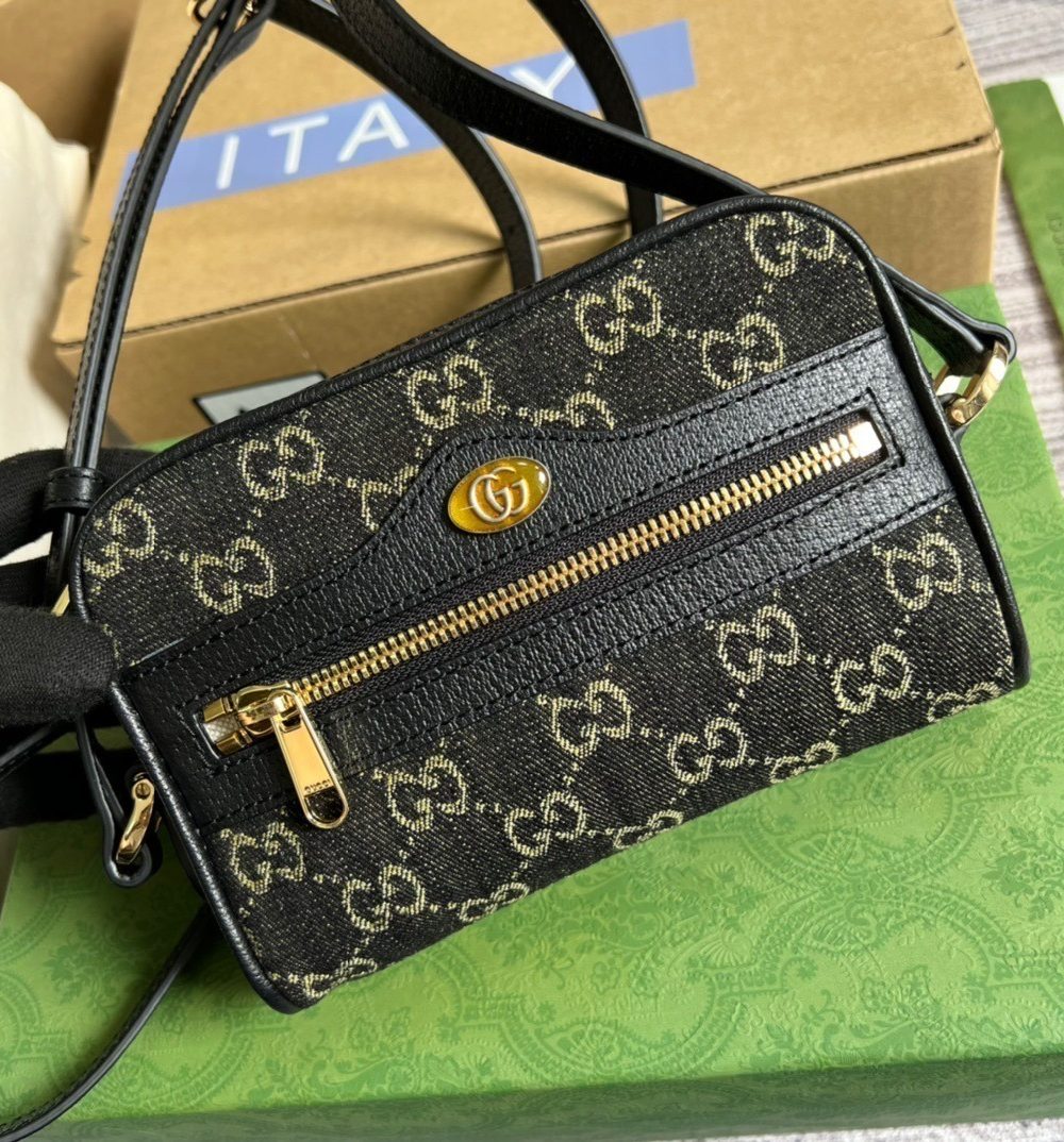 1:1 Replica Gucci Ophidia Mini GG Bag Black And Ivory GG Denim Jacquard For Women 7in/17.5cm GG 517350 UN3BG 1274