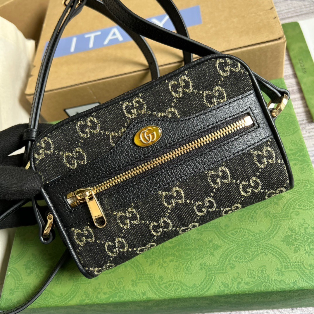 1:1 Replica Gucci Ophidia Mini GG Bag Black And Ivory GG Denim Jacquard For Women 7in/17.5cm GG 517350 UN3BG 1274