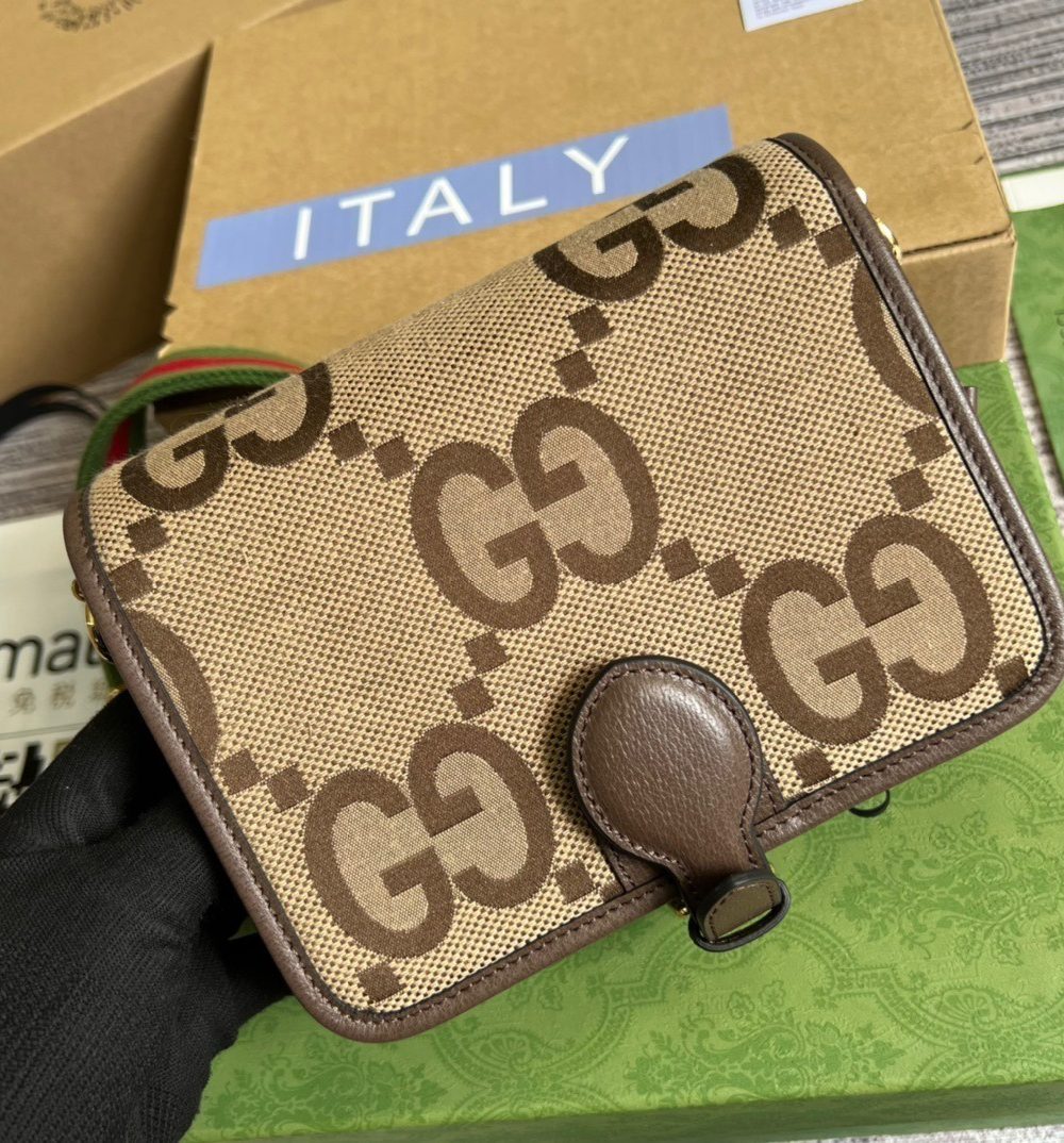 1:1 Replica Gucci Ophidia Mini Jumbo GG Bag Camel And Ebony Jumbo GG Canvas  For Men 4.7in/12cm GG