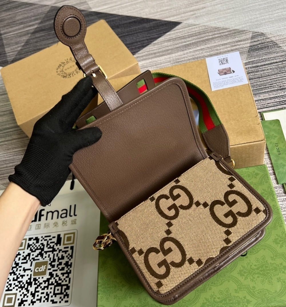 1:1 Replica Gucci Ophidia Mini Jumbo GG Bag Camel And Ebony Jumbo GG Canvas  For Men 4.7in/12cm GG